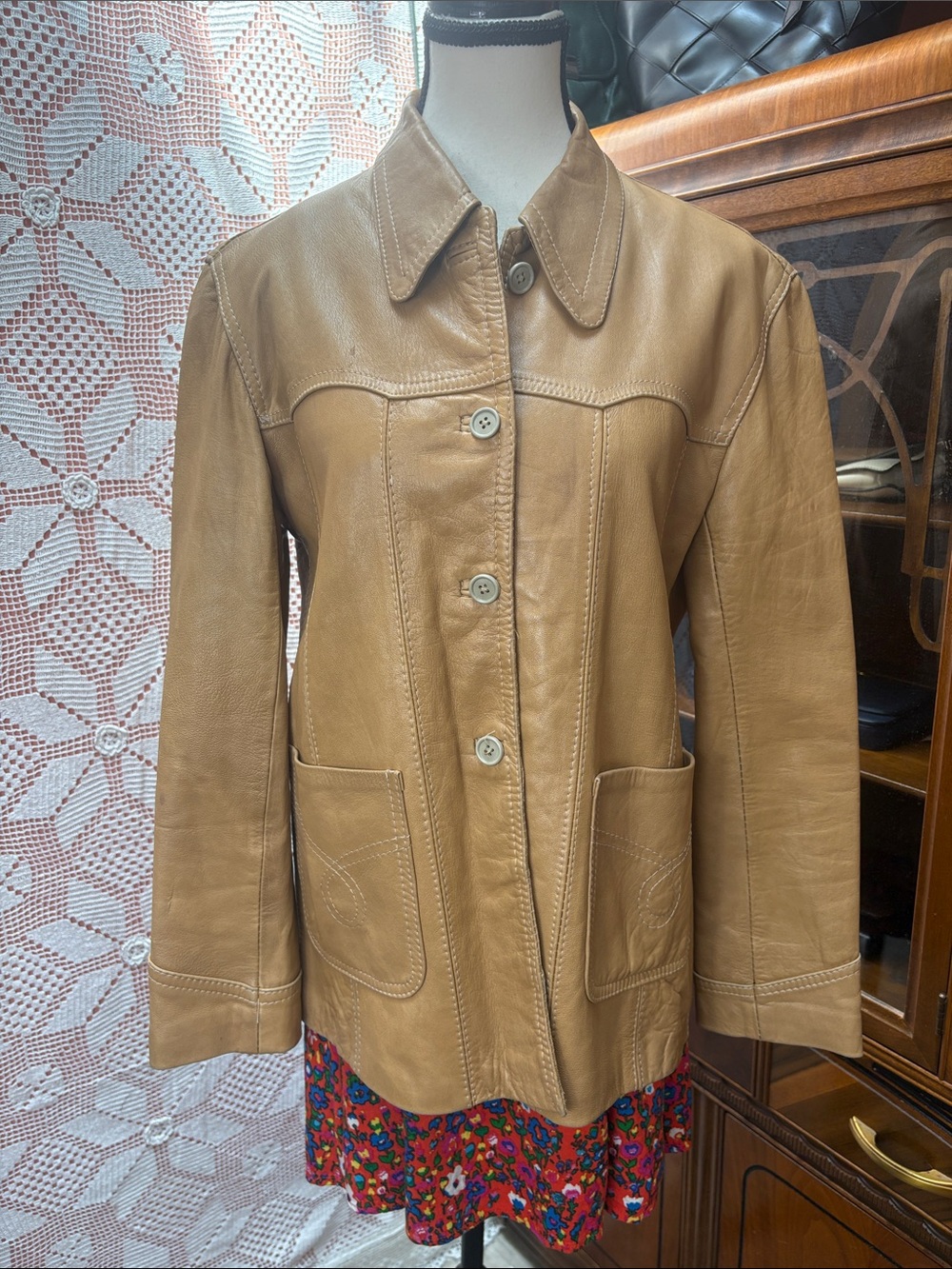 Women's Tan Leather Button-Front Jacket